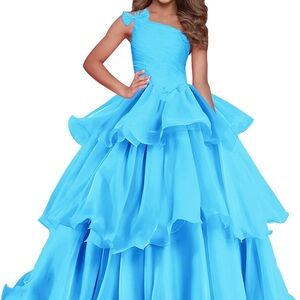 Turquoise One-Shoulder Ruffle Ball Gown for Girls